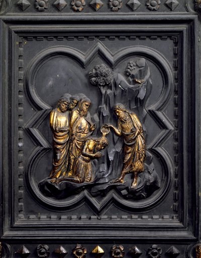 El bautismo de los discípulos, noveno panel de las Puertas del Sur del Baptisterio de San Giovanni, 1336 (bronce) de Andrea Pisano